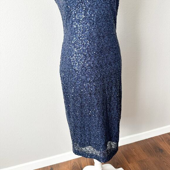 Eliza J. Navy Blue Sequin V Neck Fitted Sheath Midi Dress Women’s Size 10 NEW - Picture 4 of 13